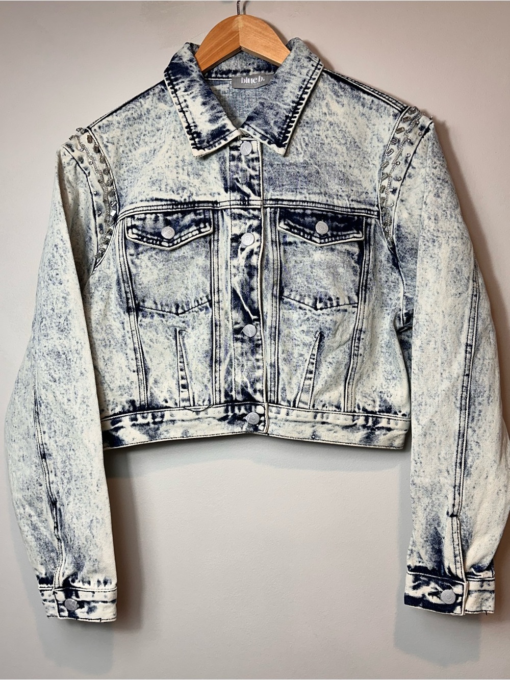 Blue B Embellished Denim Jacket Crystal Pearl Fringe Cropped Jacket NWT Small - Picture 4 of 7